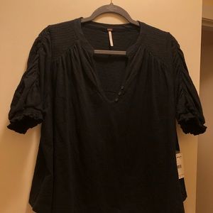 Free People Boho Black Ruched Sleeve Tee